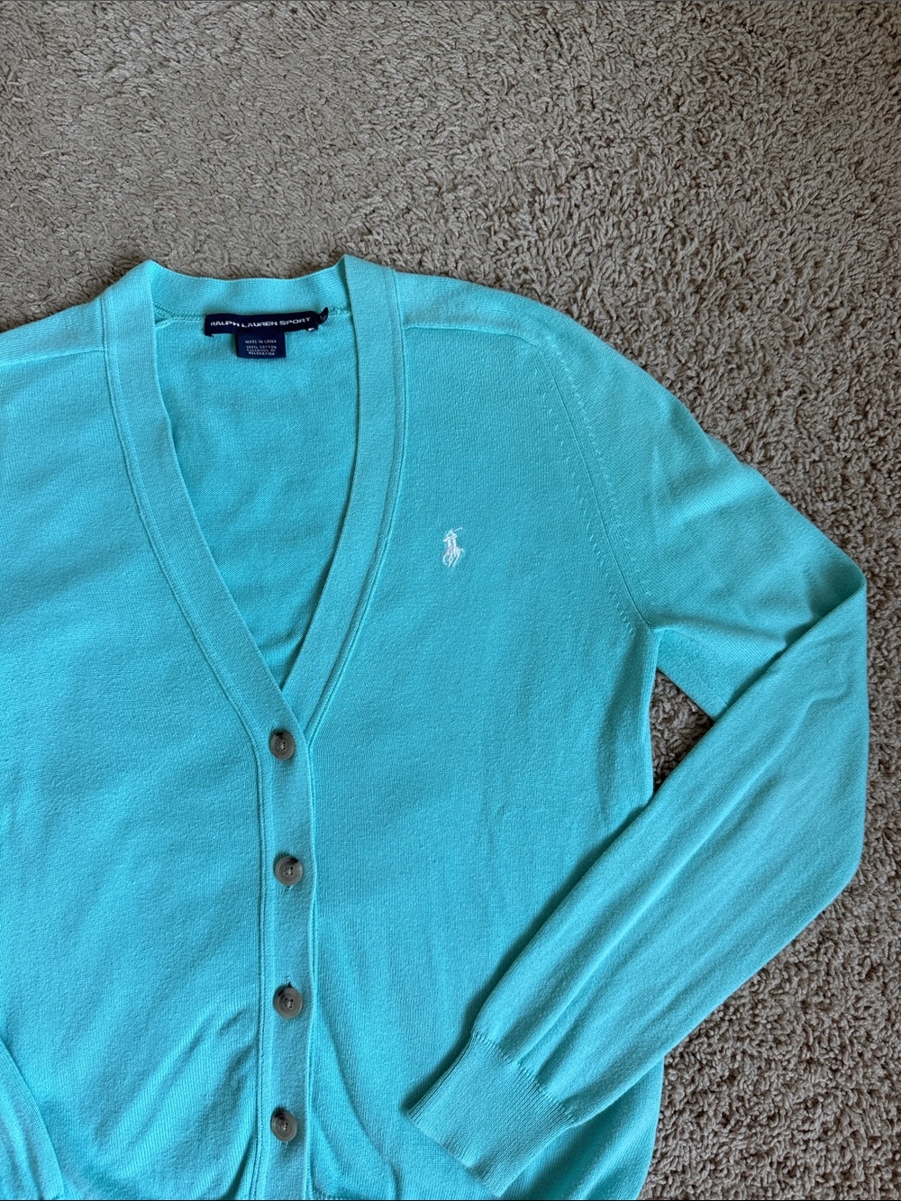 Ralph Lauren Aqua V-Neck Button Cardigan with Polo Logo